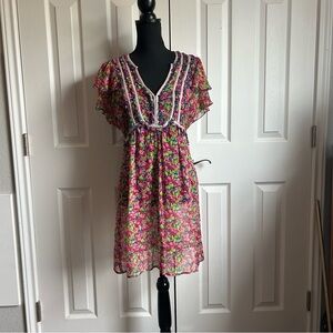 Nanette Laporte pink & green floral sheer ruffle mini dress